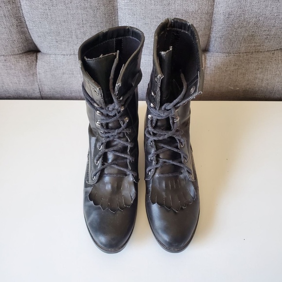 Steve Madden Women's Vegan Faux Leather Fringe Combat Boots Black - Picture 4 of 16